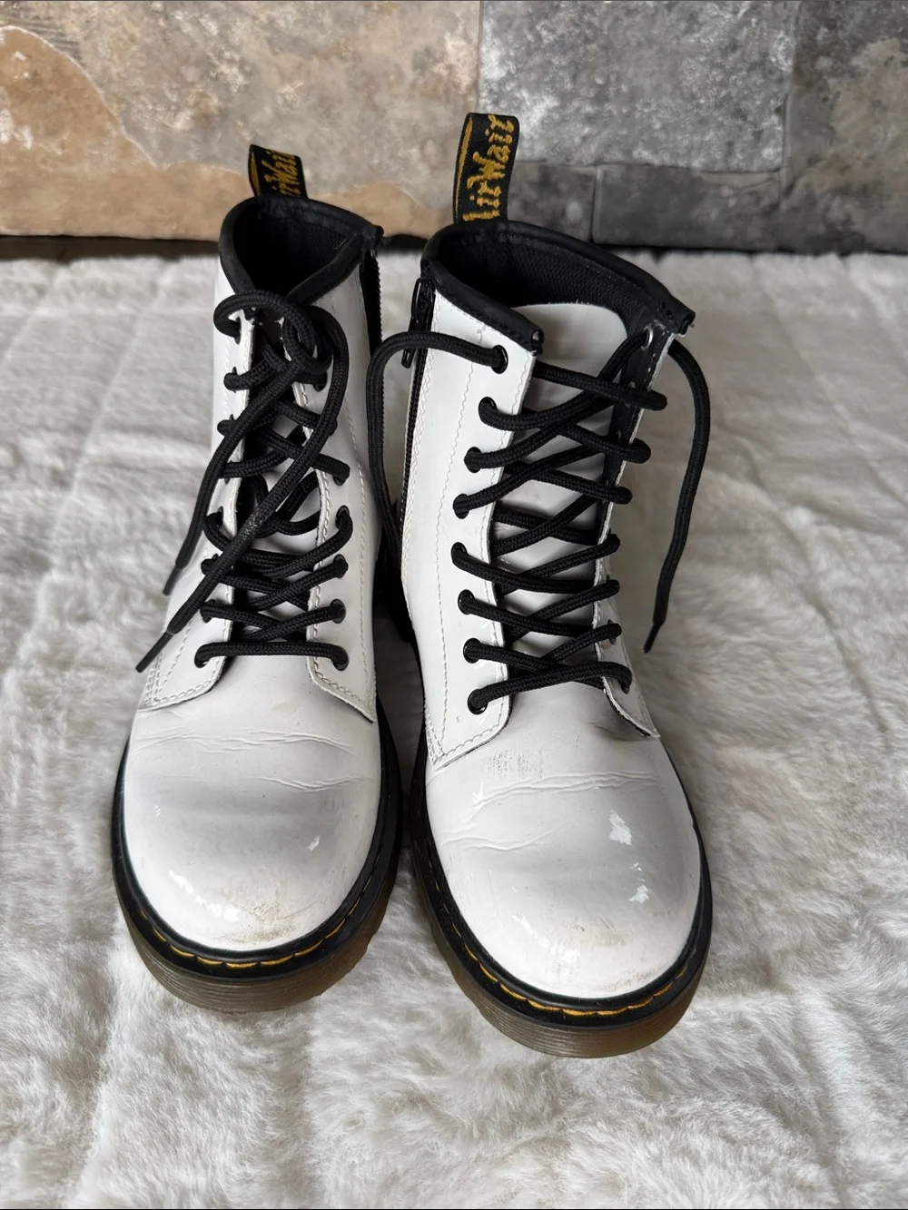 Kids Dr. Martens White PLeather Lace-Up Combat Boots Size 3